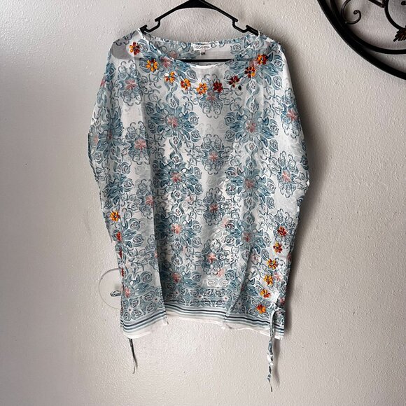 Modaposa Womens Floral Embellished Tunic Top Blue White 100% Polyester - Picture 2 of 9